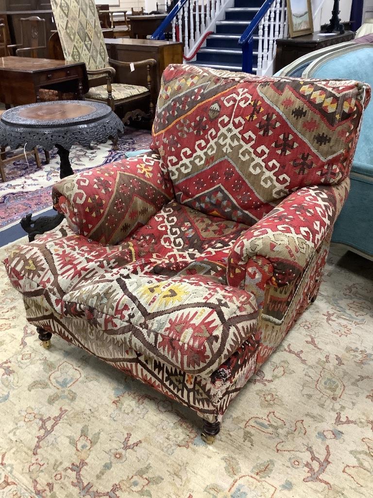A George Smith Kelim upholstered armchair, width 92cm, depth 114cm, height 92cm